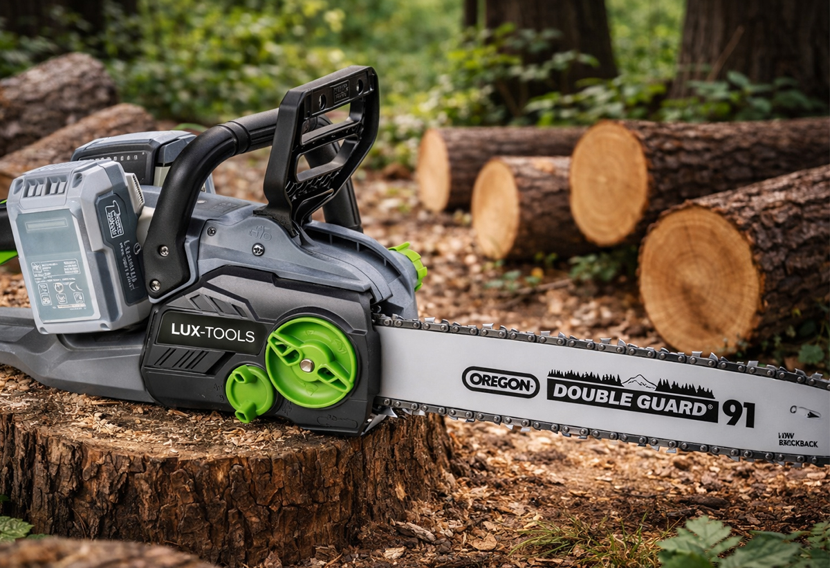 Απεικονίζεται το αλυσοπρίονο πάνω σε κομμένο κορμό δέντρο. Γύρω του, υπάρχουν και άλλοι κορμοί.